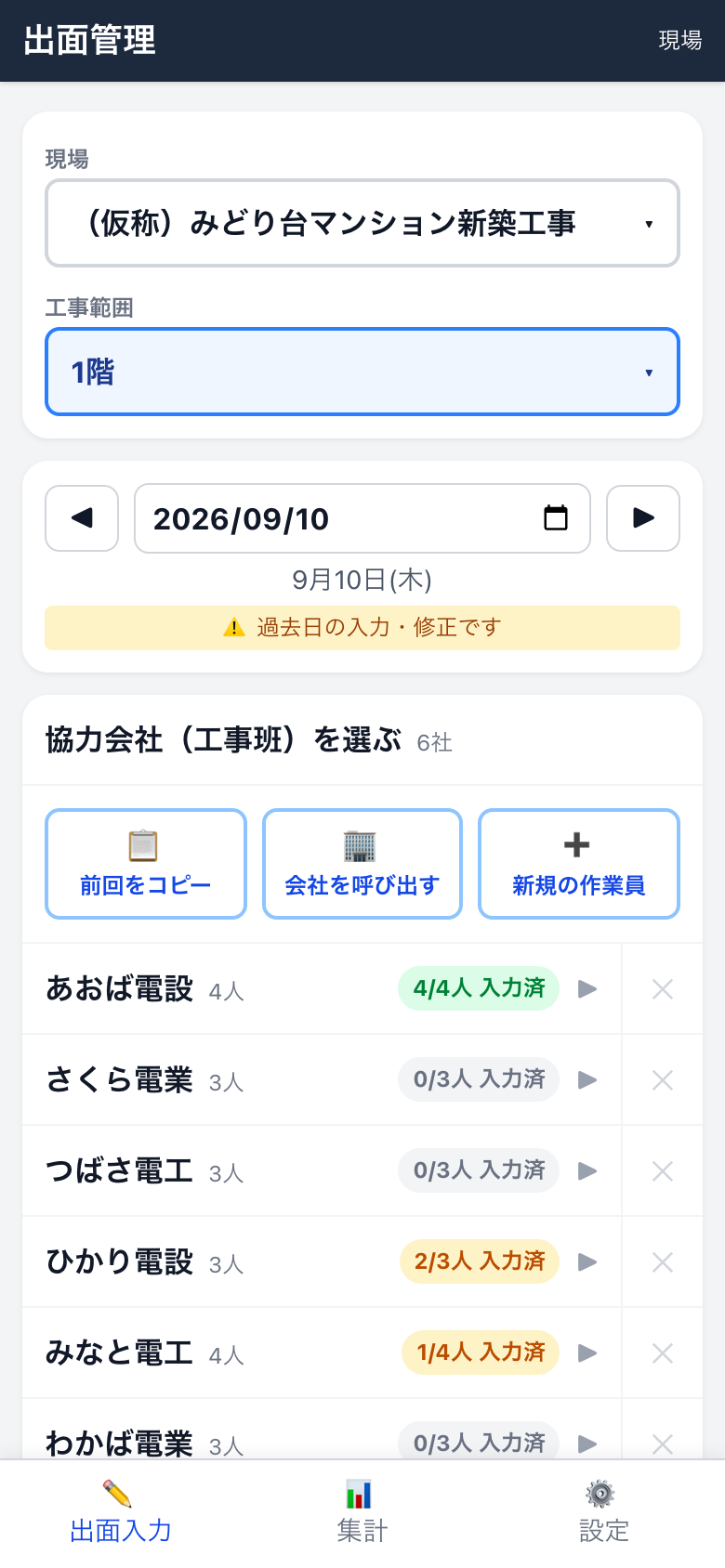 出面入力の画面。協力会社ごとに入力済みの人数が表示されている